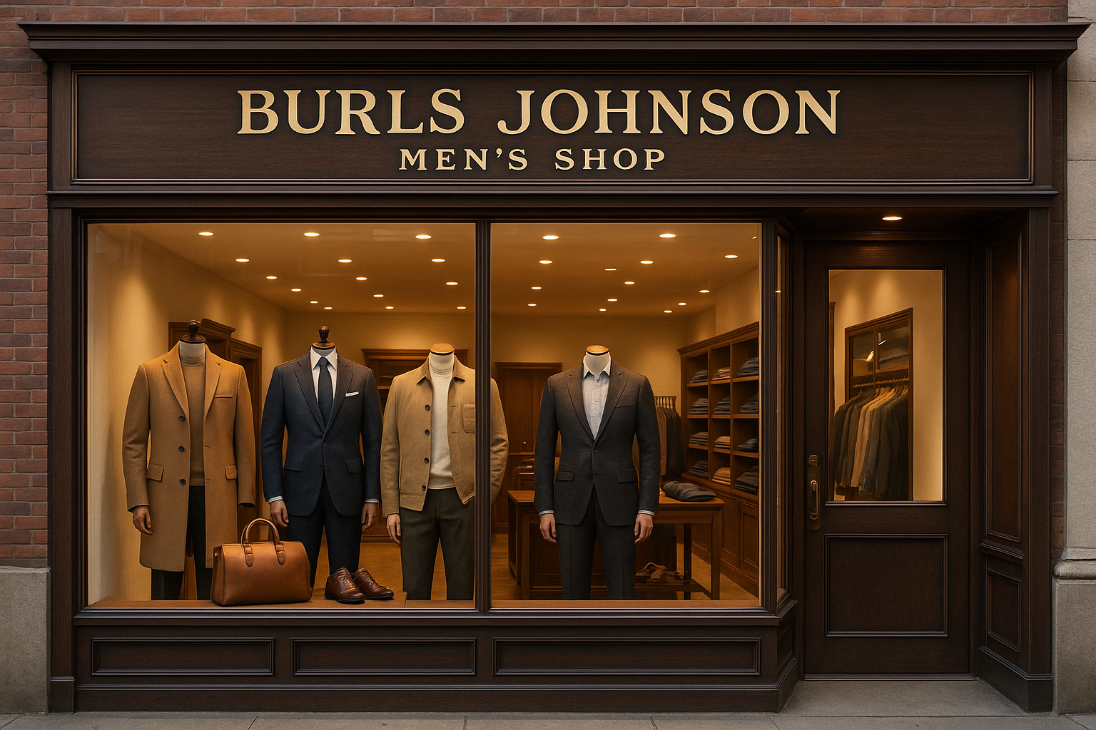 Professional storefront of Burls Johnson Men's Shop with elegant window displays showcasing premium menswear