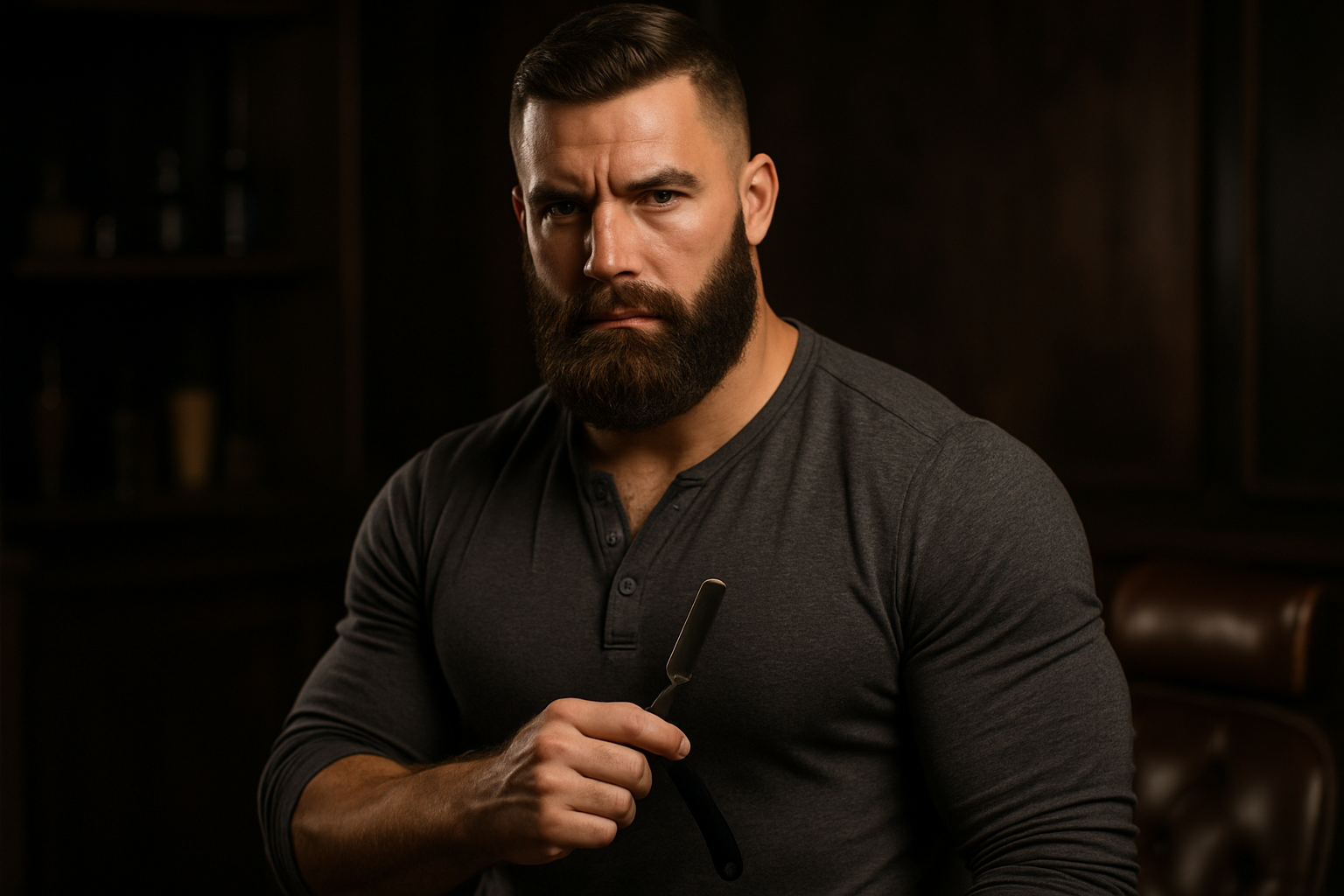 Professional portrait of a burly, muscular man with a full beard holding a straight razor