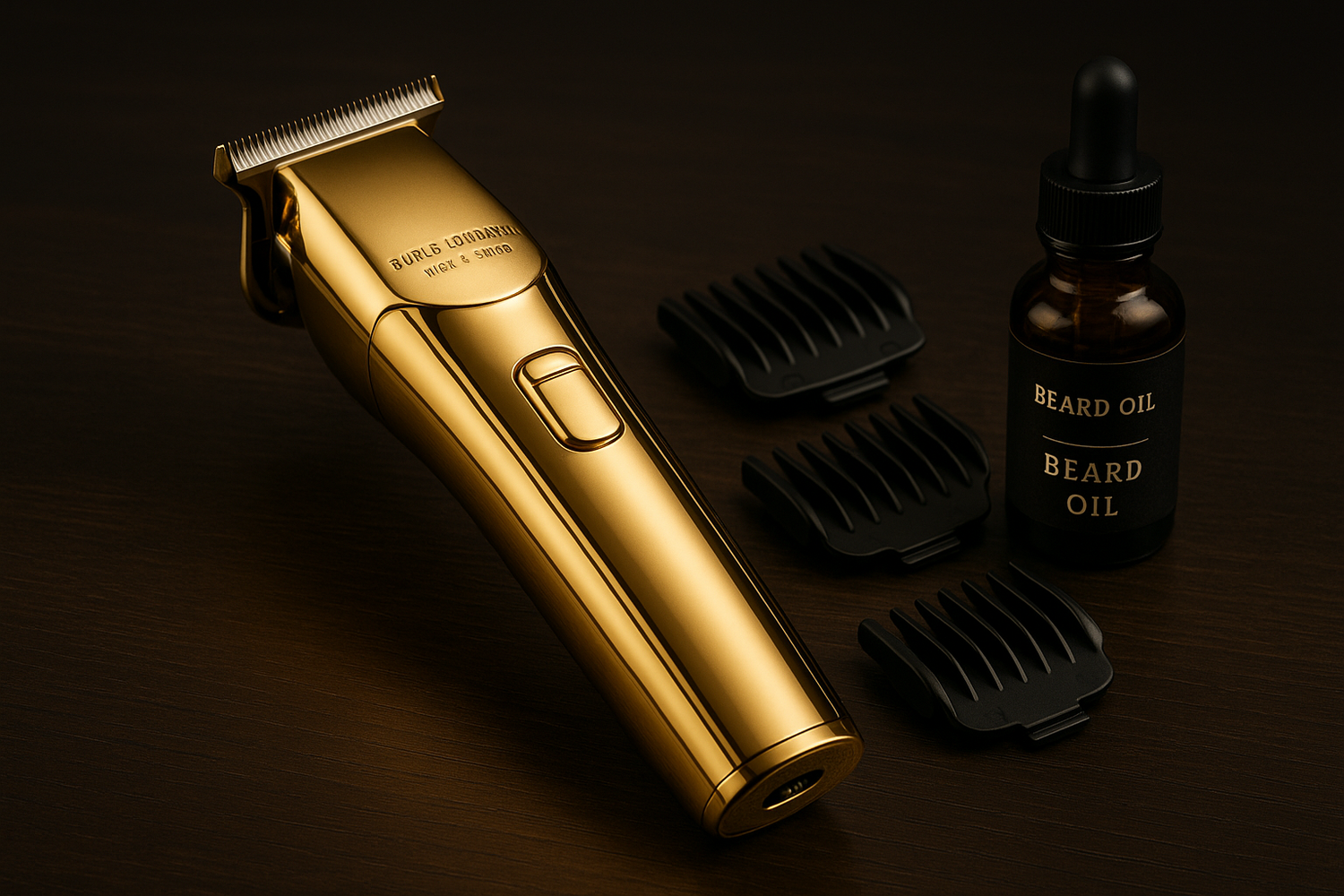 Professional product photography of a luxury gold beard trimmer with accessories on a dark wooden surface